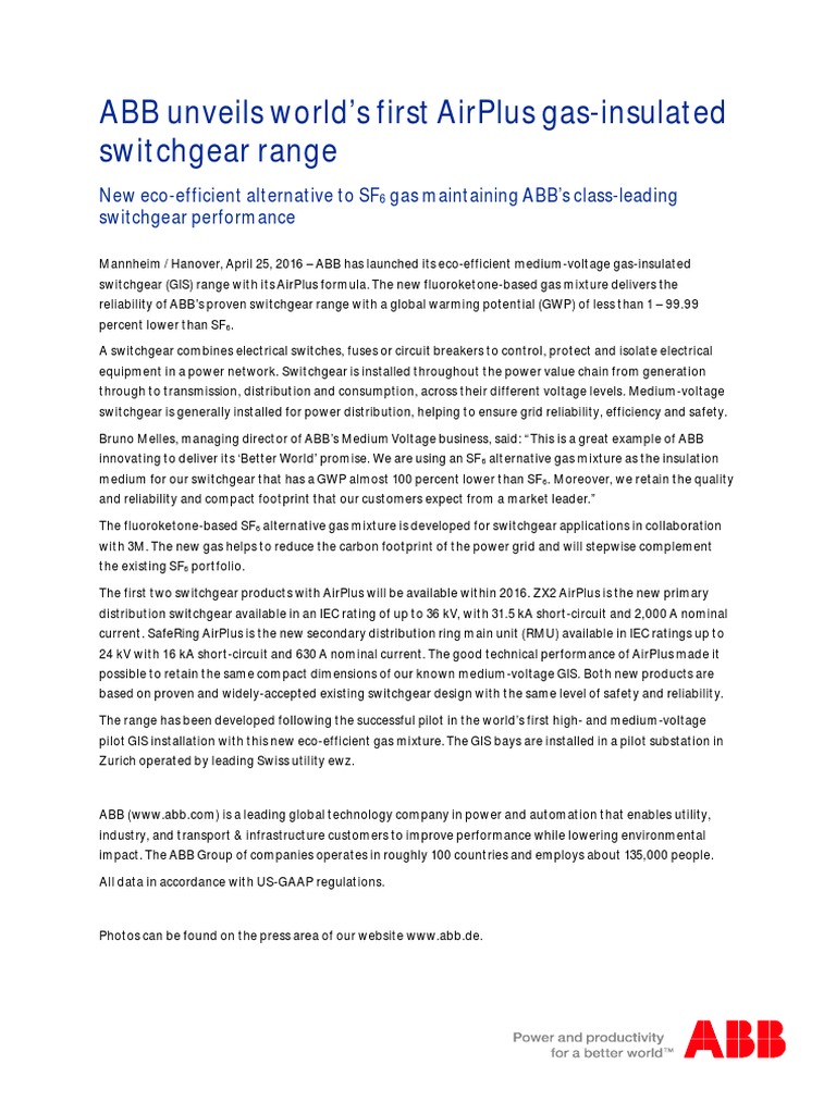 Abb Unveils World'S First Airplus GasInsulated Switchgear Range PDF