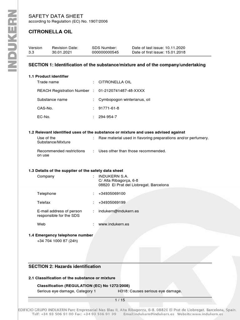 Citronella Oil Safety Data Sheet PDF Dangerous Goods Firefighting