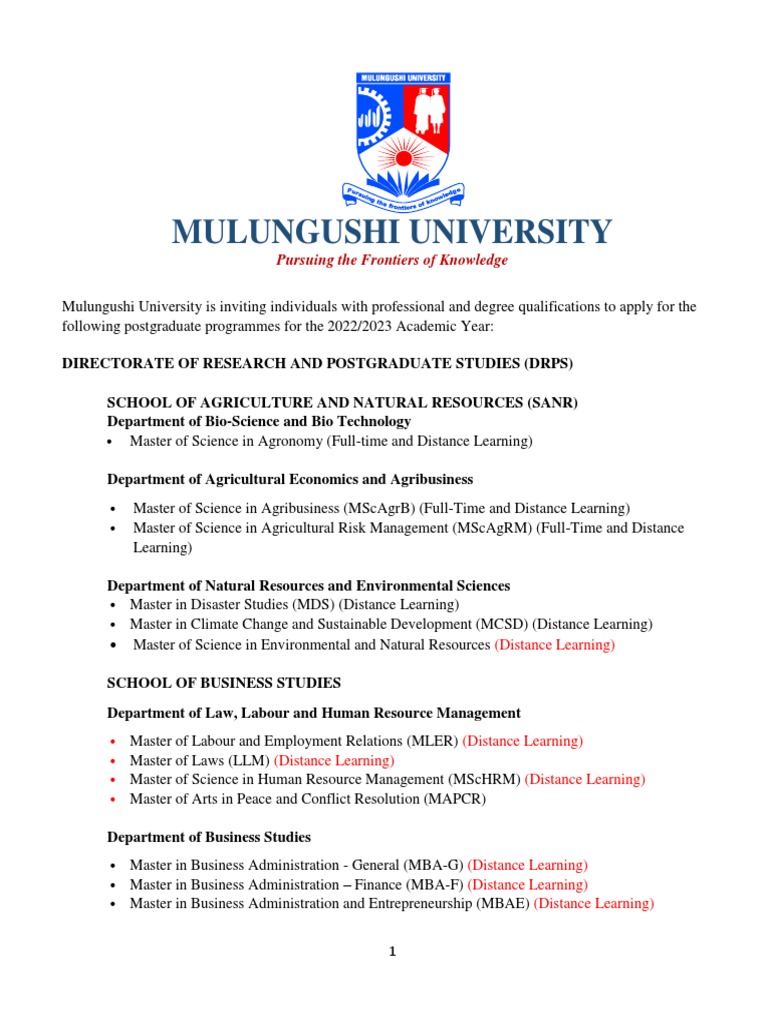 Mulungushi University Postgraduate Programs | PDF | Master's Degree ...