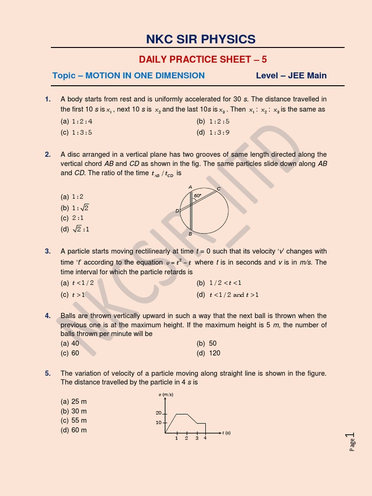 Motion in One Dimension Practice Sheet 5 PDF Kinematics Physics