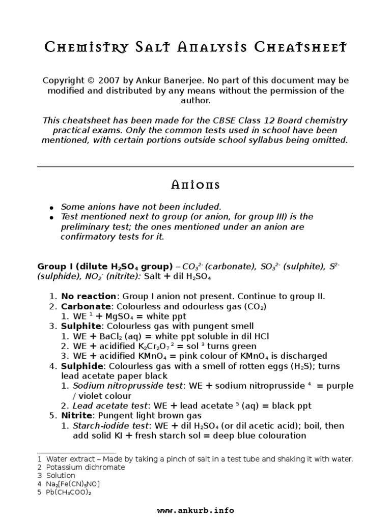 Chemistry Salt Analysis Cheatsheet v1 Salt (Chemistry) Chloride