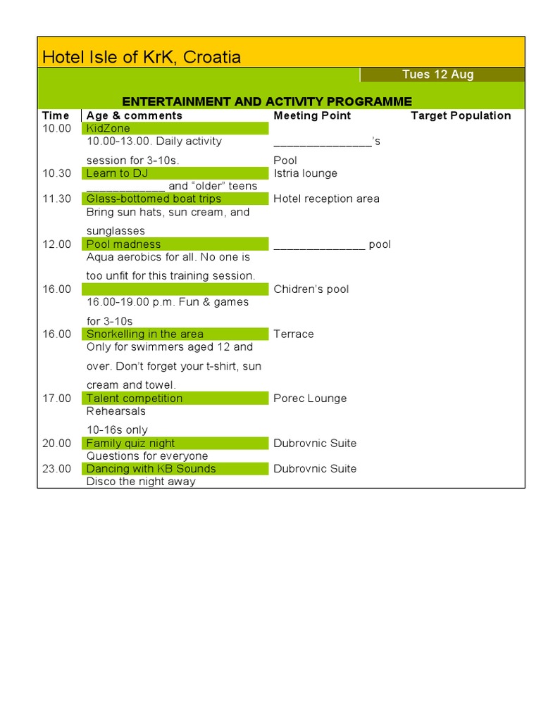 KrK Hotel Entertainment Schedule | PDF