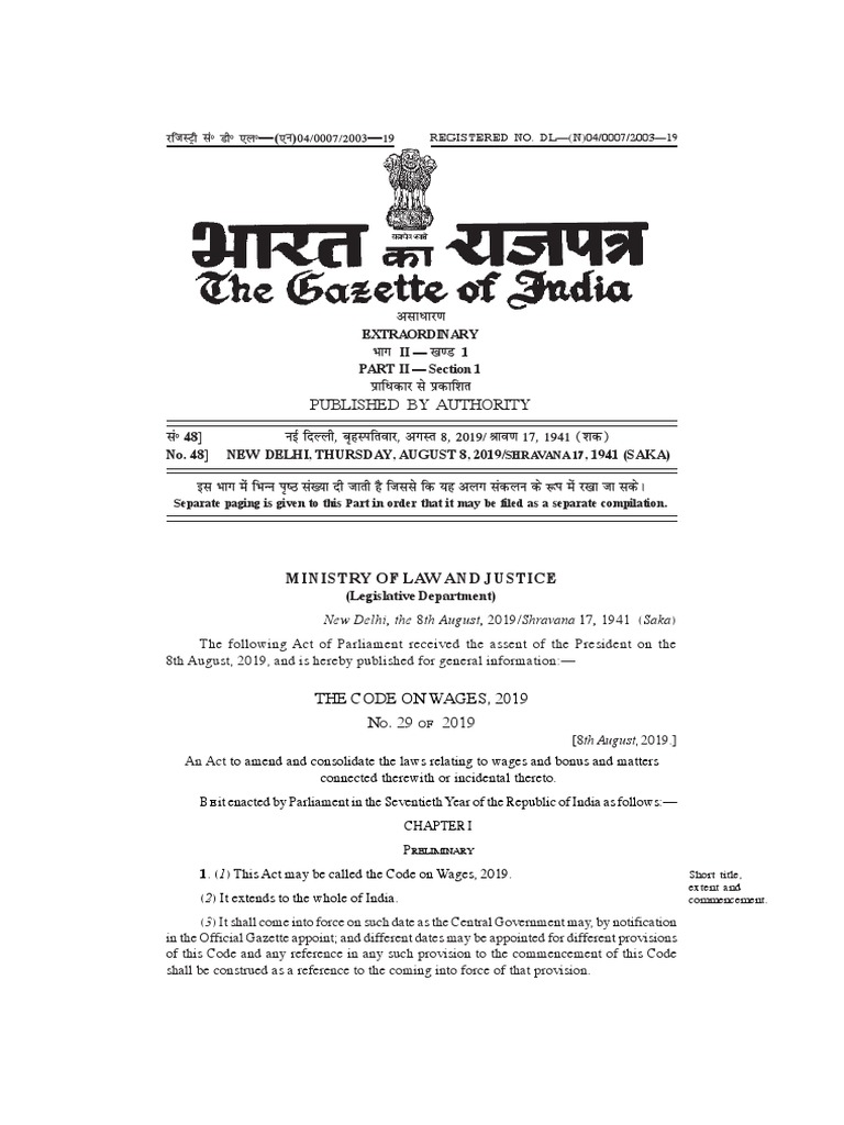 Code on Wages Act 2019 Summary | PDF | Employment | Wage