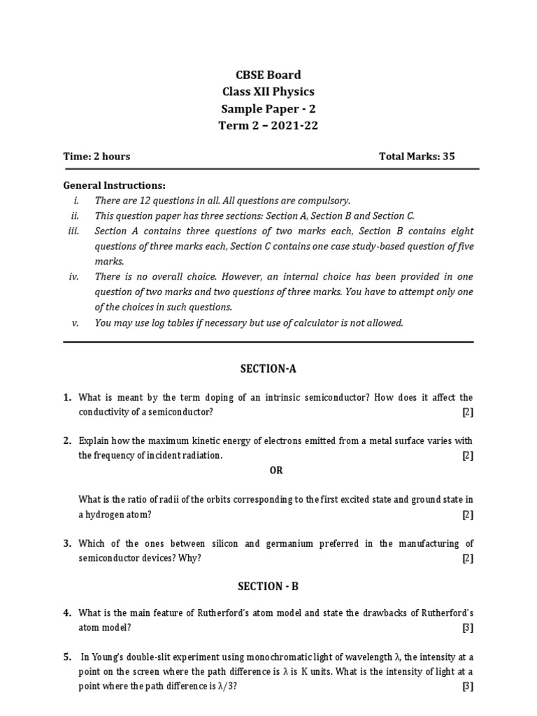 Class XII Physics Sample Paper 2021-22 | PDF | Refractive Index ...