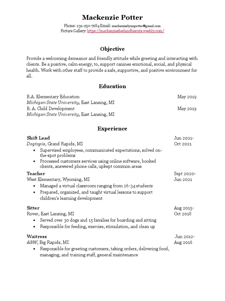 Potter Mackenzie Dog Daycare Resume PDF Cognition Psychological Concepts