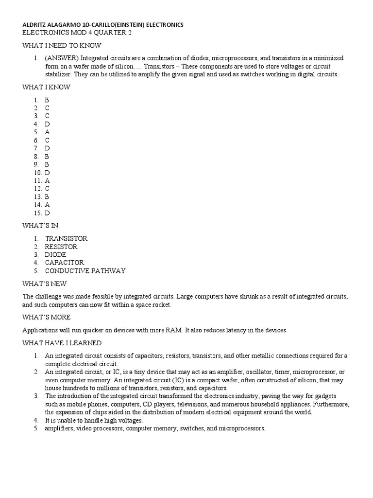 Electronics Mod 4 Quarter 2 | PDF | Electronic Circuits | Integrated ...