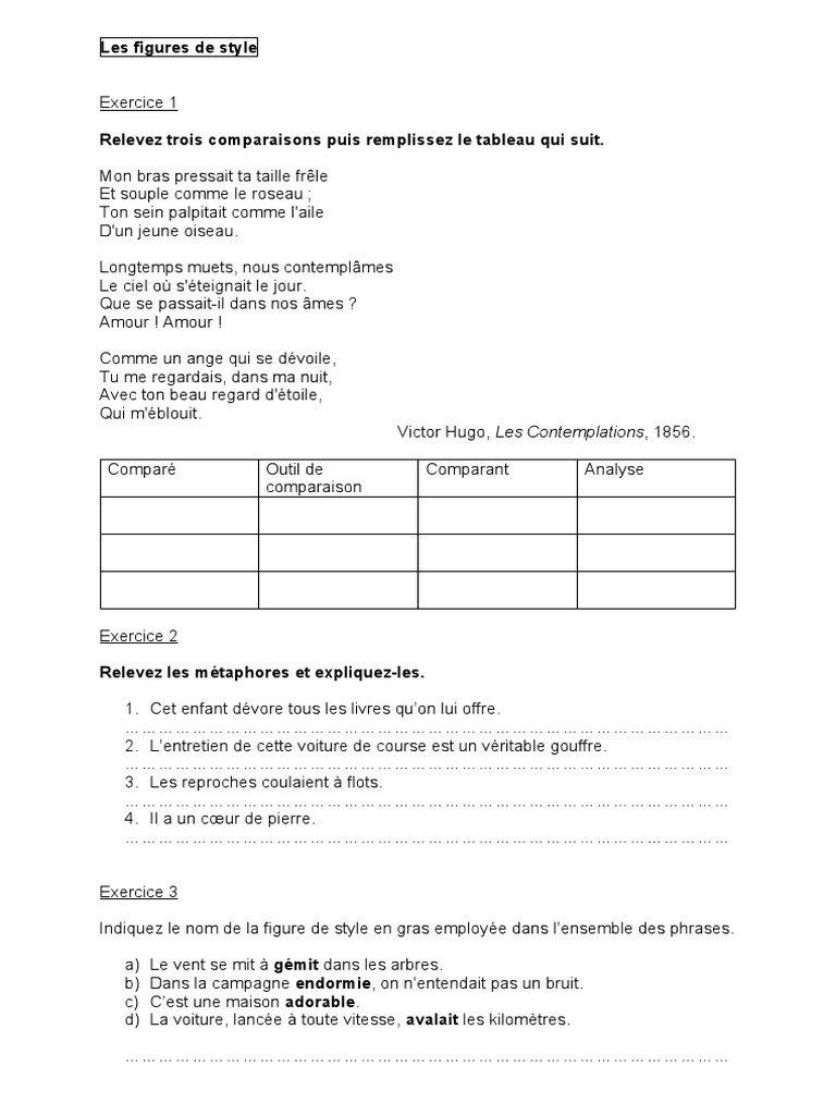 Mon Bras Pressait Ta Taille Frêle Activités Les Figures de Style 4è | PDF