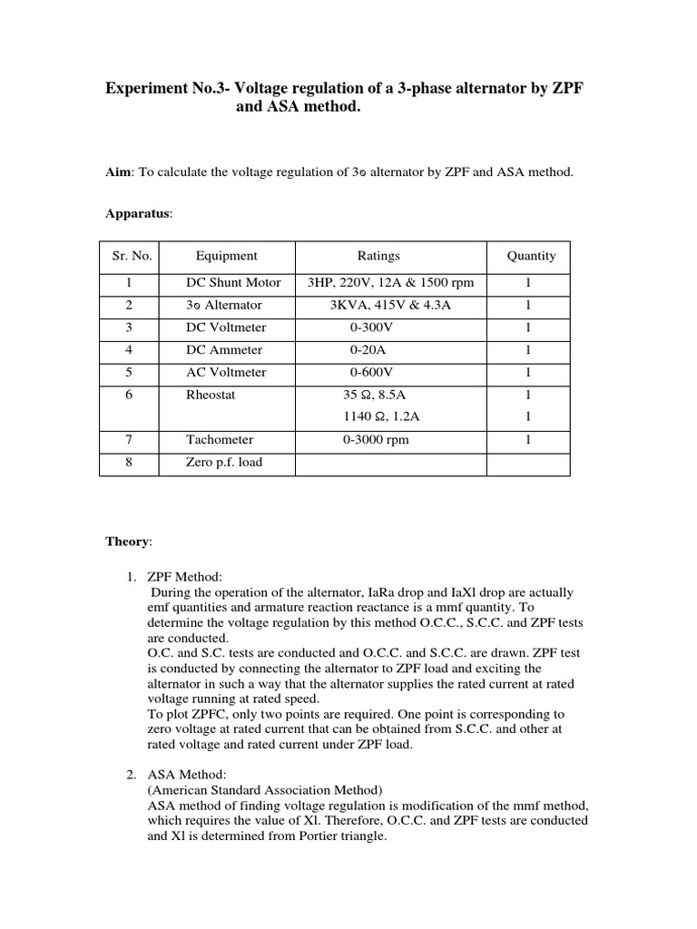 Experiment No.3Voltage Regulation of A 3Phase Alternator by ZPF and