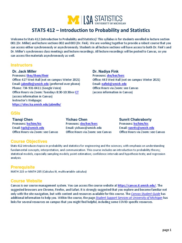 Stats 412 Syllabus: Probability & Statistics | PDF | Statistics | Jmp ...