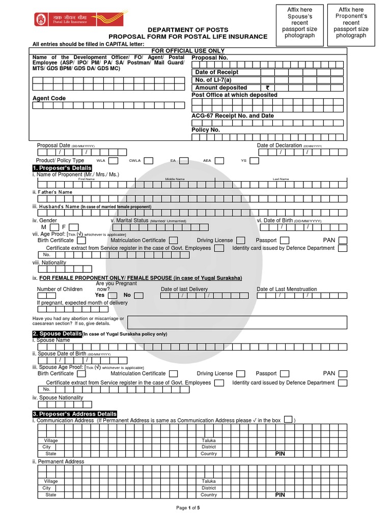 Department of Posts Proposal Form For Postal Life Insurance | PDF ...