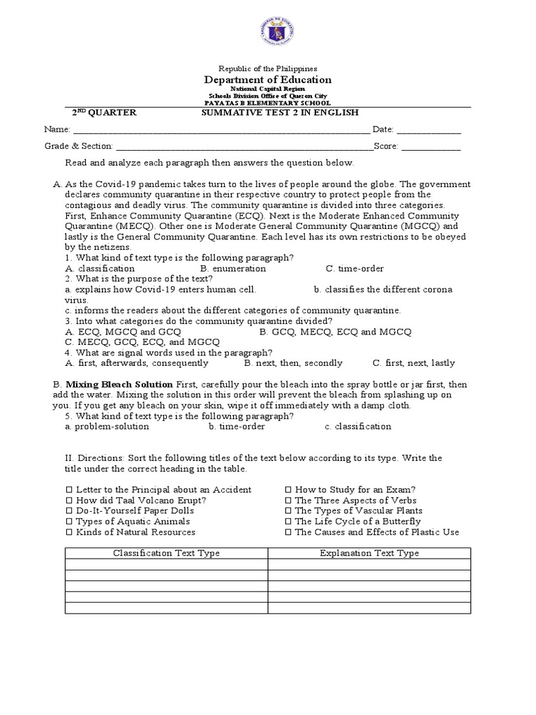Department of Education: 2 Quarter Summative Test 2 in English | PDF ...