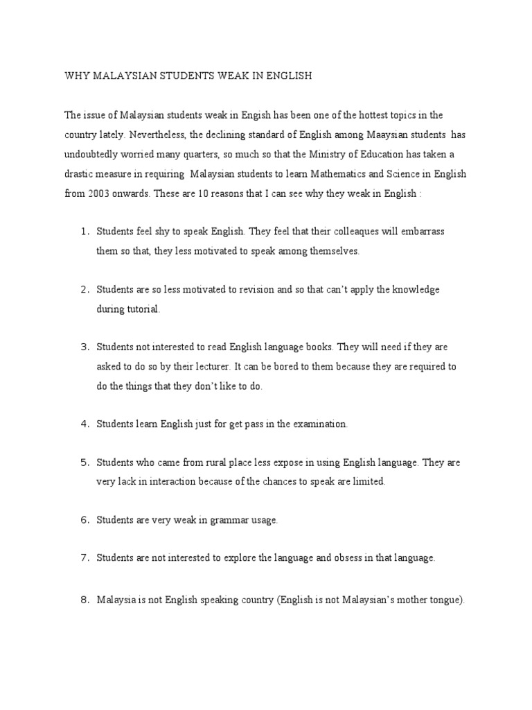 10 Points Why Malaysians Students Weak In English Pdf English Language Curriculum