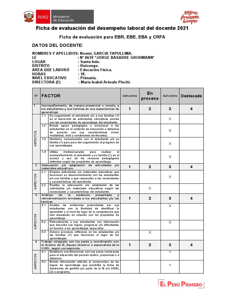 Ficha de Evaluacion Del Desempeño Docente 2021-NOEMI | PDF ...