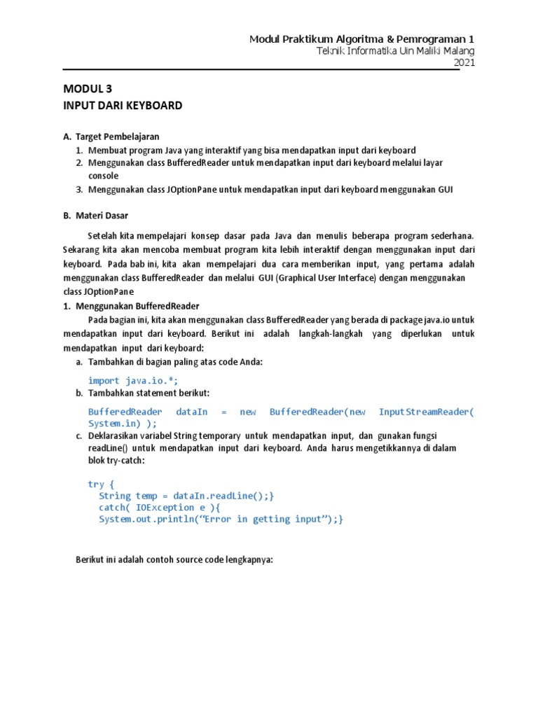 Input Keyboard di Java: BufferedReader & JOptionPane | PDF