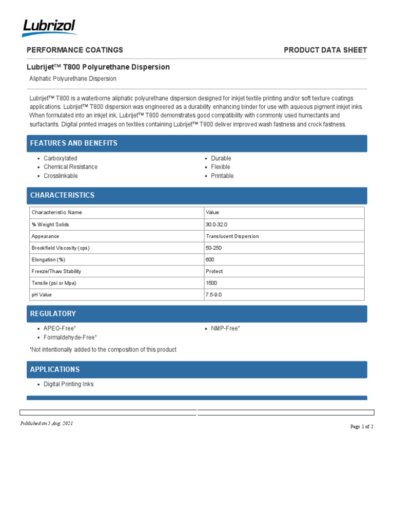 Performance Coatings Product Data Sheet Lubrijet™ T800 Polyurethane
