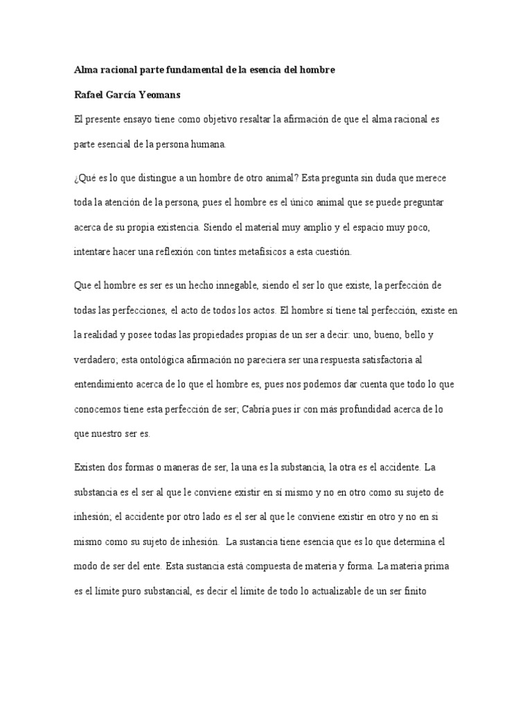 Alma Racional Parte Fundamental de La Esencia Del Hombre (Ensayo) | PDF ...