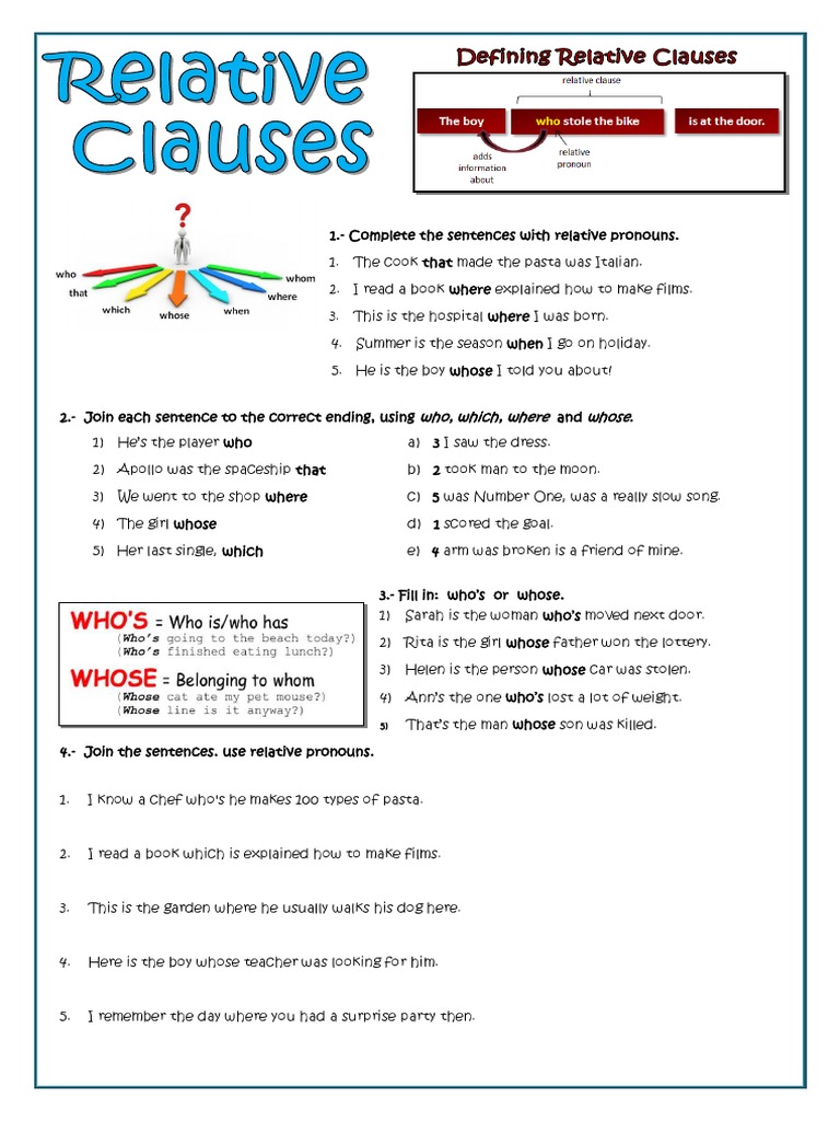 Relative Pronouns Exercise Guide | PDF | Linguistics | Syntax