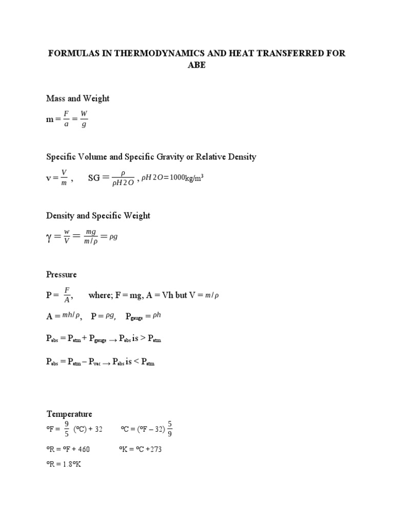 Thermodynamics and Heat Transfer Formulas | PDF