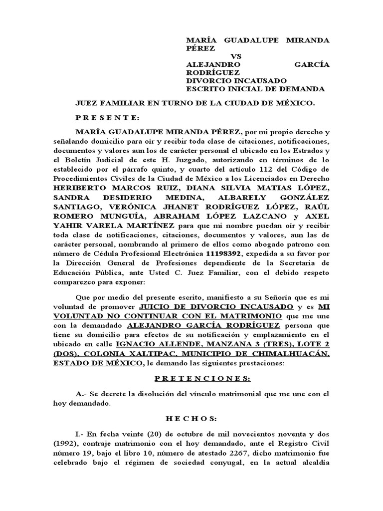 Demanda de Divorcio Incausado CDMX | PDF | Divorcio | México