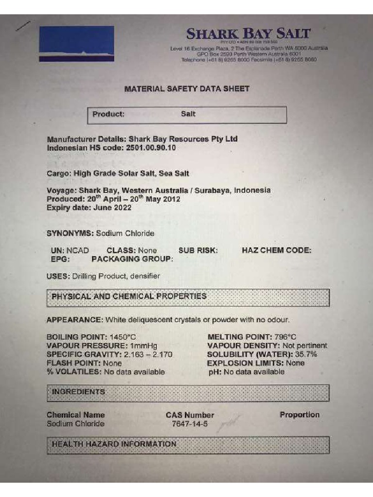 MSDS Garam Australia PDF