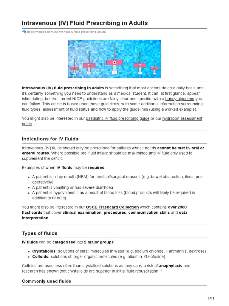 Intravenous IV Fluid Prescribing in Adults PDF Intravenous Therapy