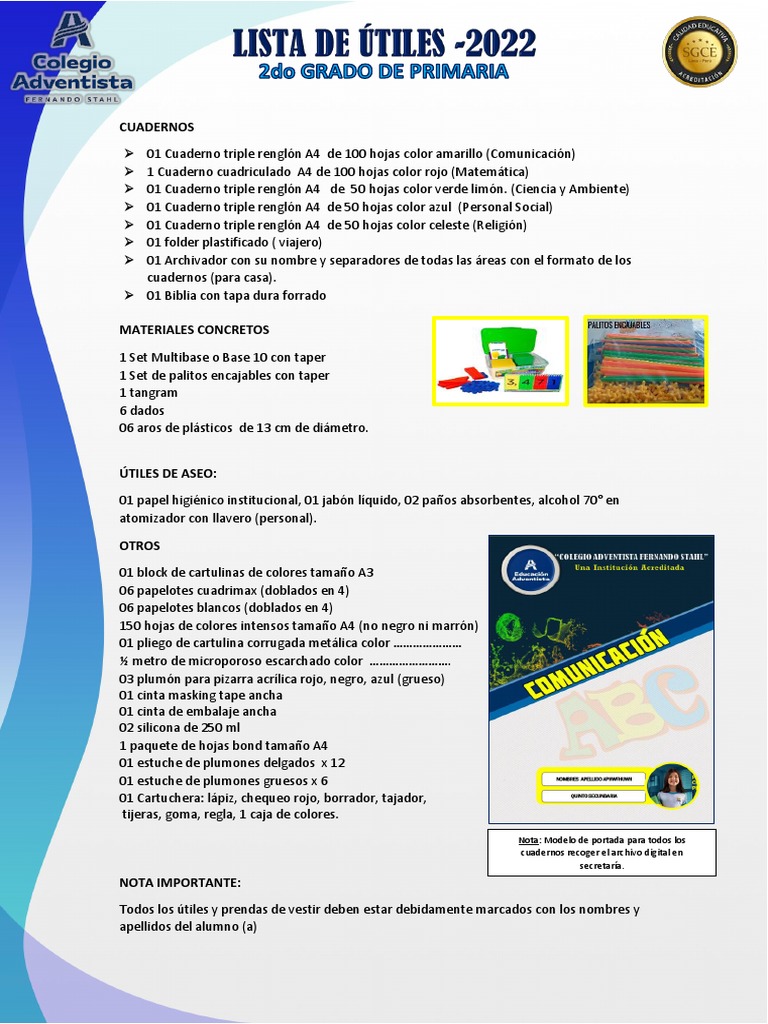 Lista de Útiles 2do Primaria - 2022 | PDF | Hogar, jardinería y bricolaje