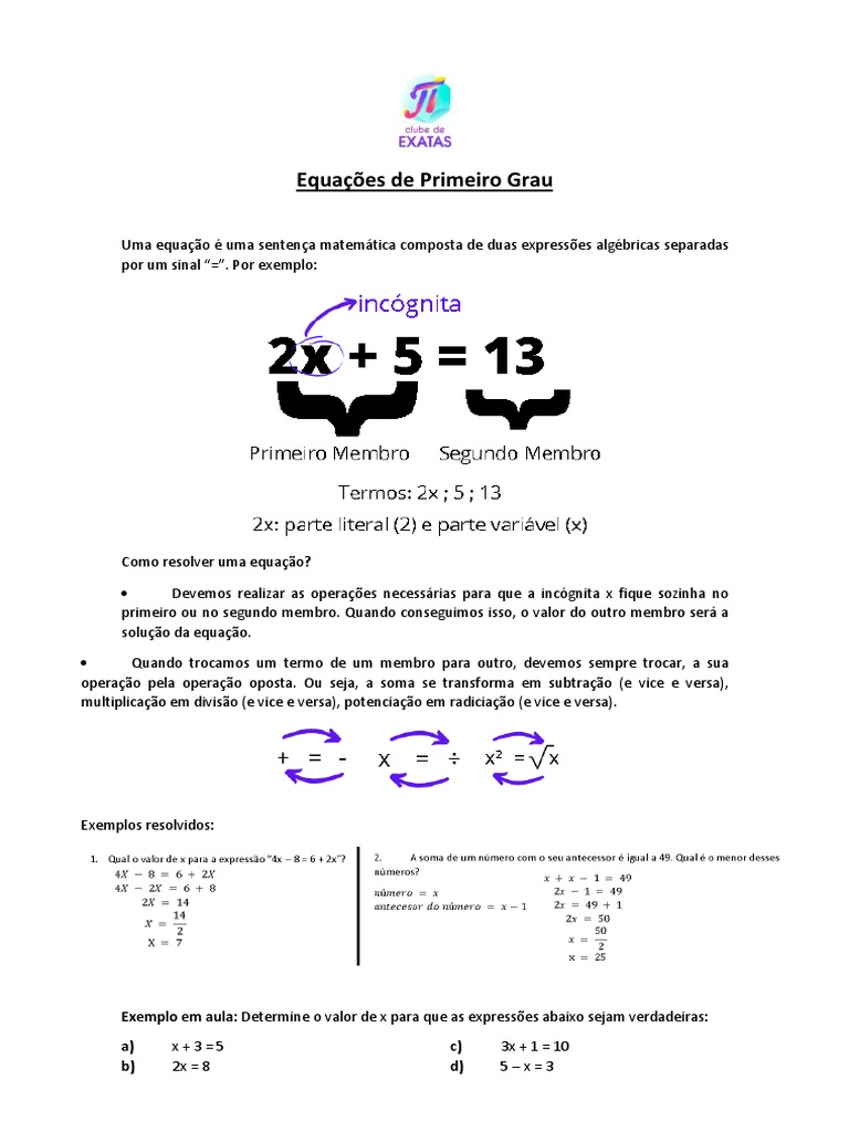 Equação de Primeiro Grau - Com Gabarito | PDF | Equações | Álgebra