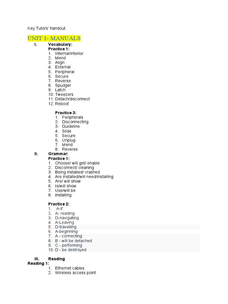 Key Tutors' Handout: Manuals & Vocabulary | PDF | Computer Keyboard ...