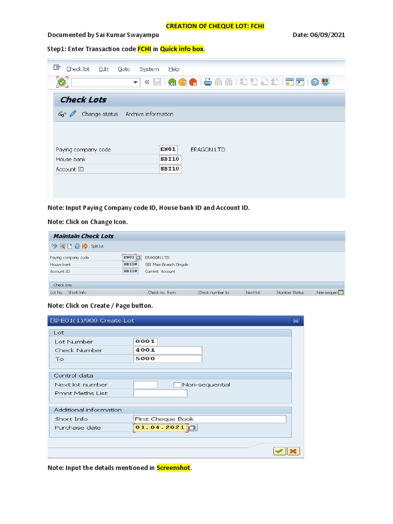 Creating Cheque Lots in SAP FCHI | PDF