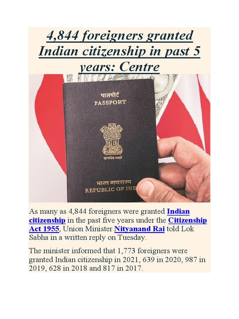 4,844 Foreigners Granted Indian Citizenship in Past 5 Years - Centre | PDF