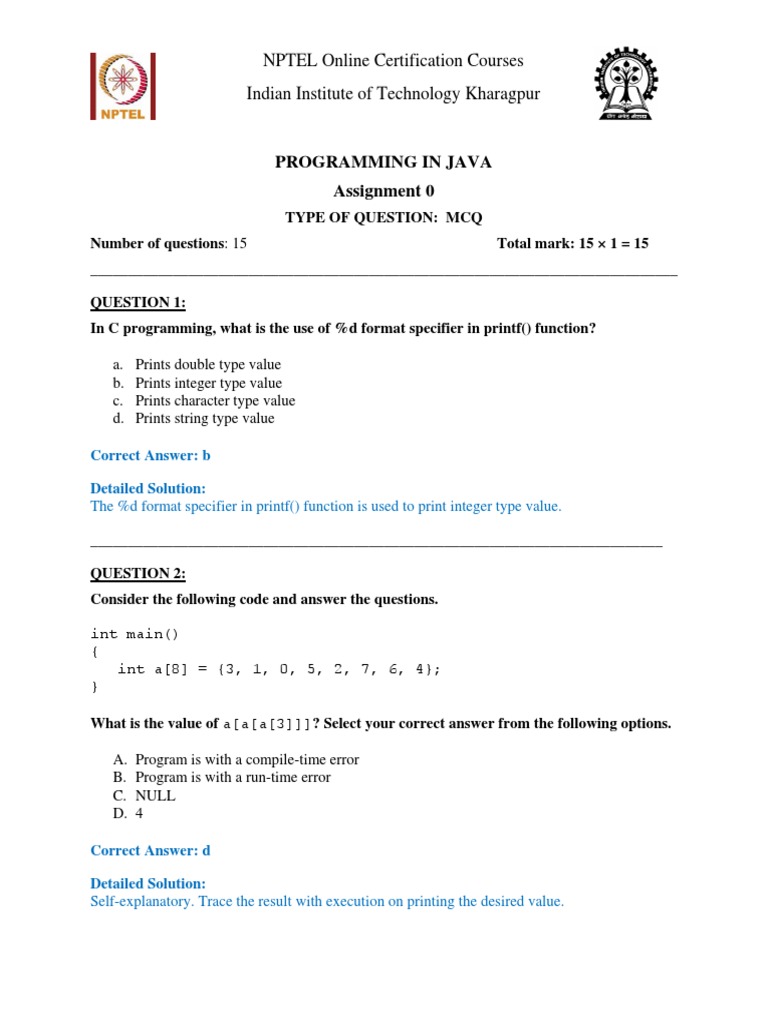 Programming in Java MCQ Assignment 0 PDF C (Programming Language) Programming Language