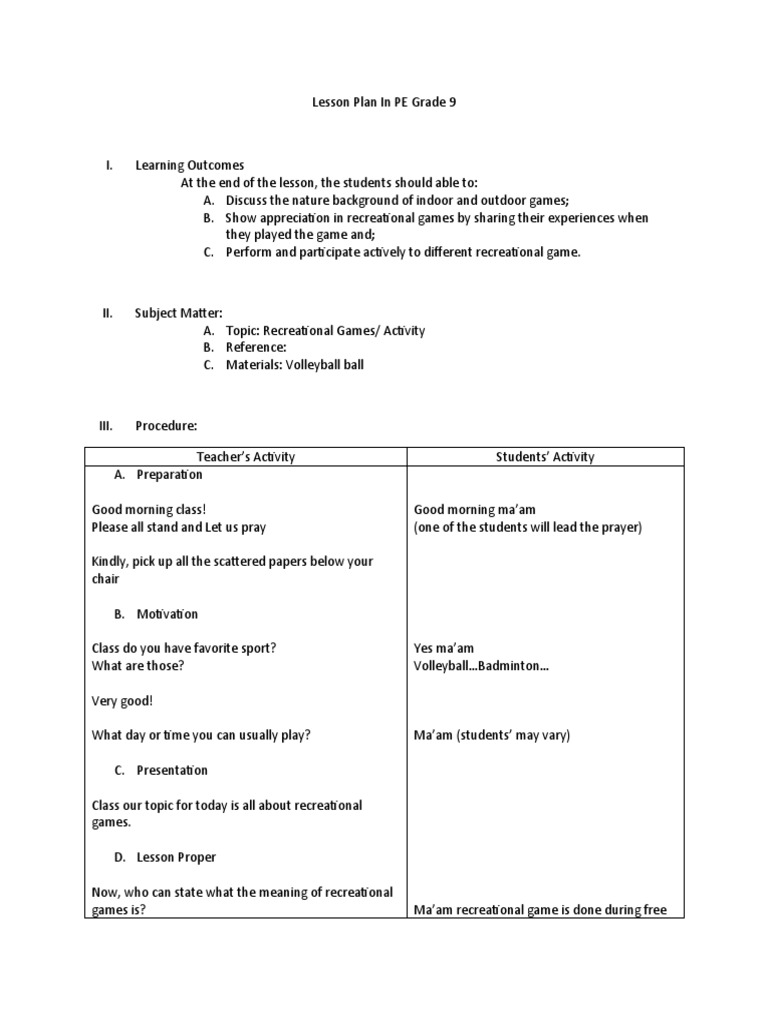 Grade 9 Recreational Games Lesson Plan | PDF | Volleyball | Lesson Plan