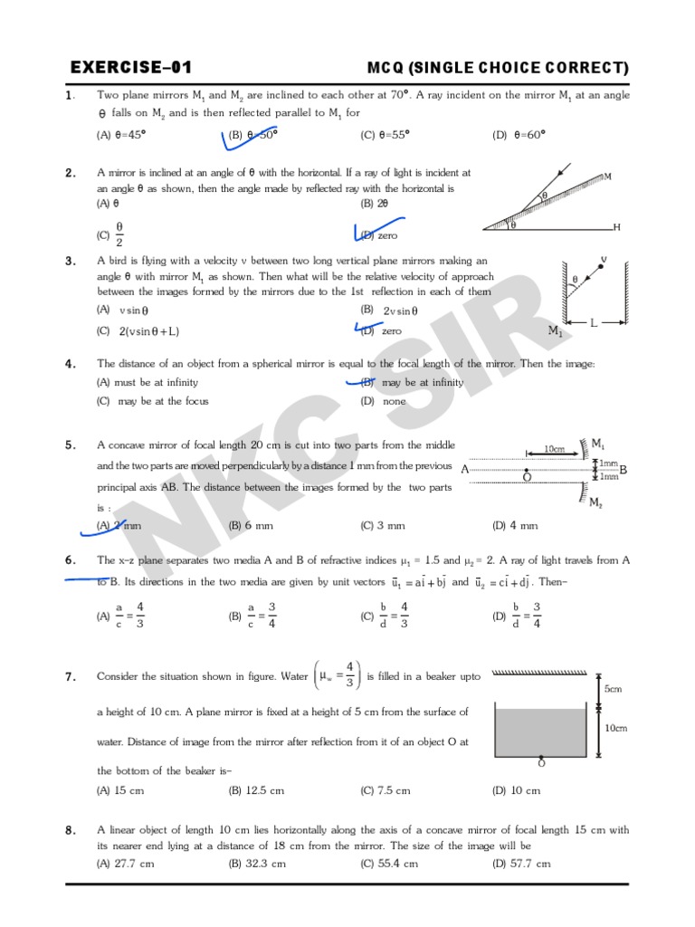 Optics MCQ on Mirrors, Lenses and Refraction PDF Prism Mirror