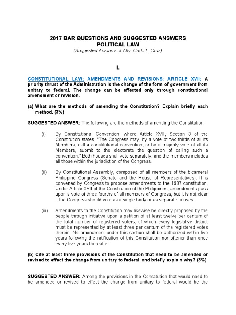 2017 Bar Exam Political Law Answers | PDF | Pardon | Constitutional ...