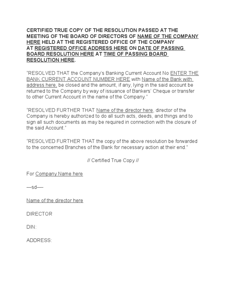 Certified Board Resolution for Account Closure | PDF