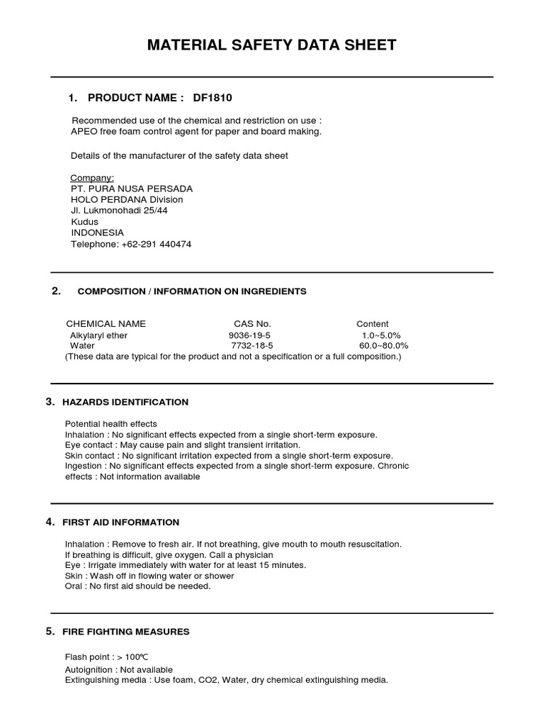 Material Safety Data Sheet 1. Product Name Df1810 PDF Dangerous