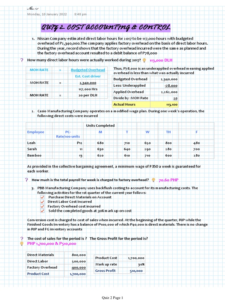 Cost AccountingQUIZ 2 PDF Cost Of Goods Sold Workweek And Weekend