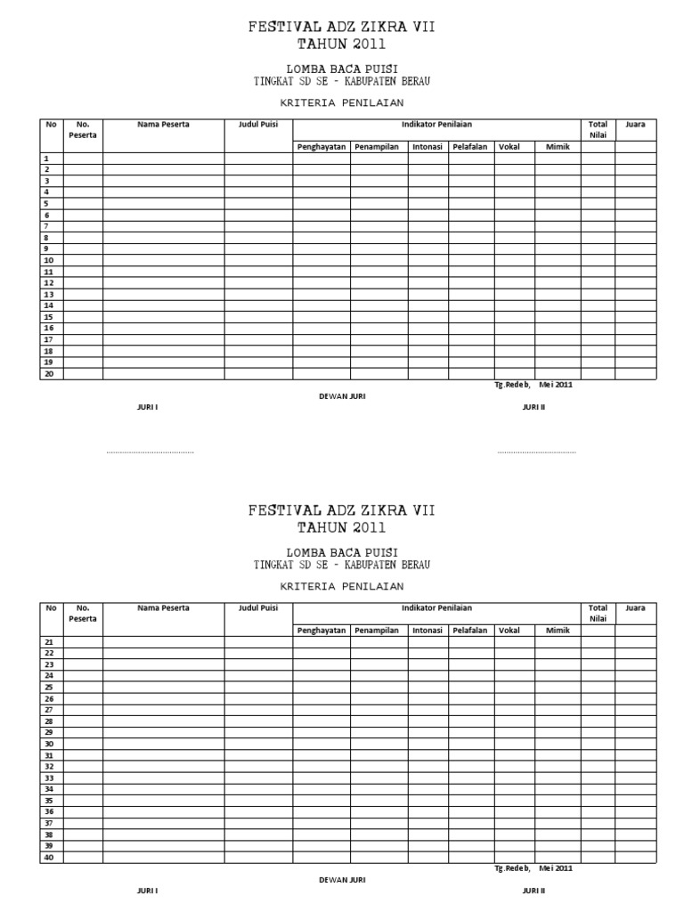 Format Penilaian Lomba Puisi Guru Paud