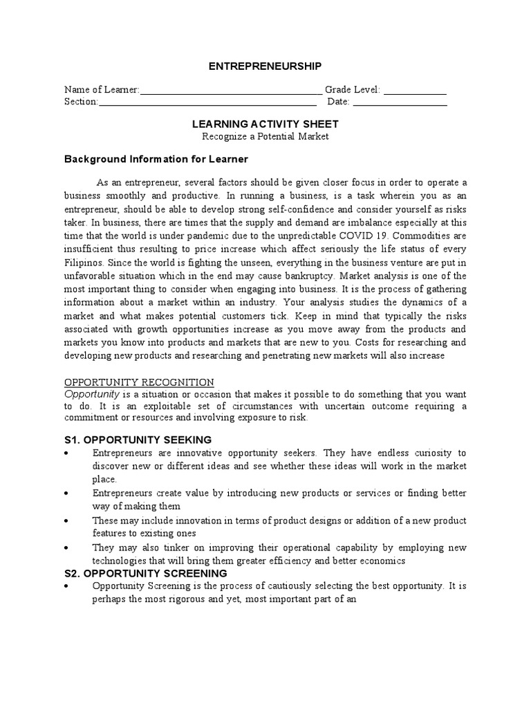 Recognizing Business Opportunities | PDF | Entrepreneurship | Market ...