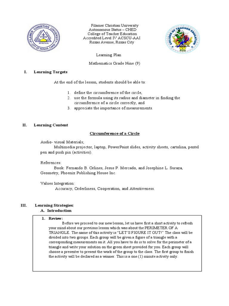 Circumference of a Circle Lesson Plan | PDF | Circle | Pi