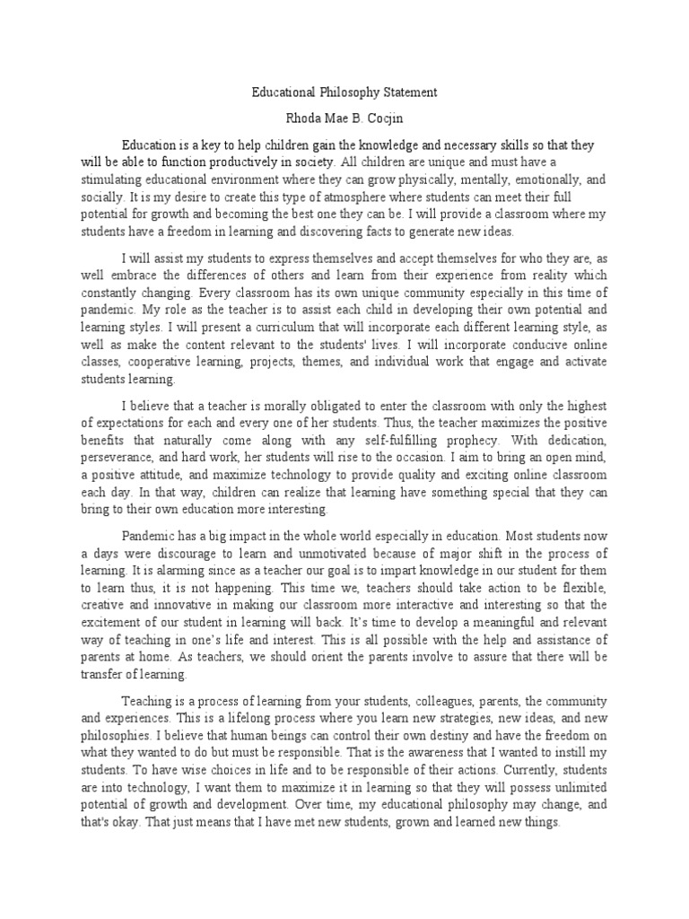 Educational Philosophy Statement PDF Philosophy Of Education Teachers