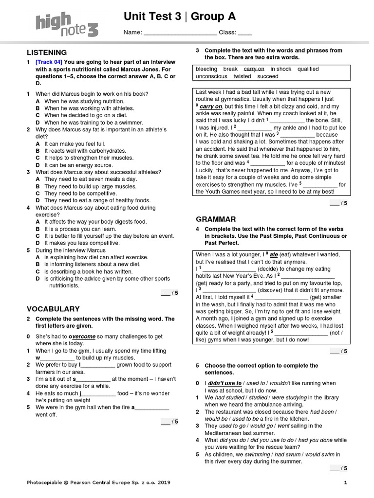Unit Test 3 - Group A: Listening | PDF | Physical Fitness