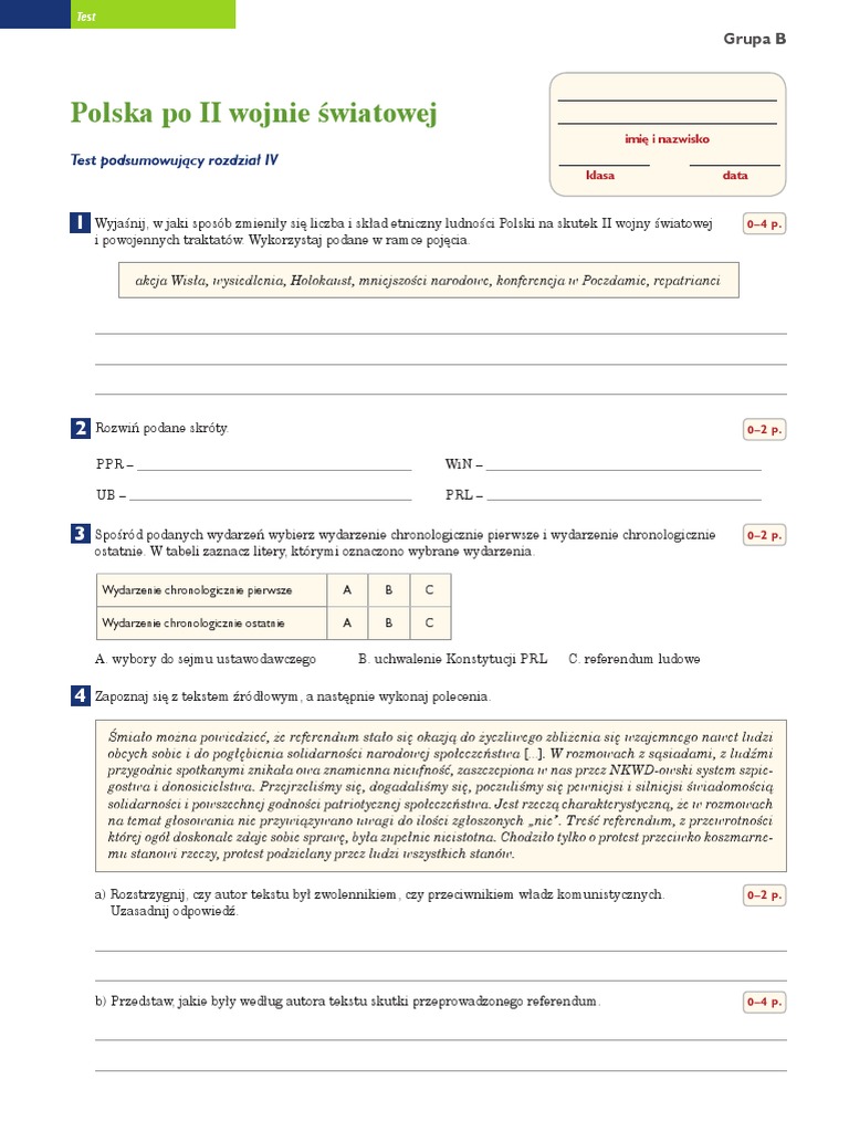 Polacy Podczas Ii Wojny światowej Sprawdzian Klasa 8 Klasa 8 Test Polska Po II Wojnie Swiatowej 24 IV | PDF