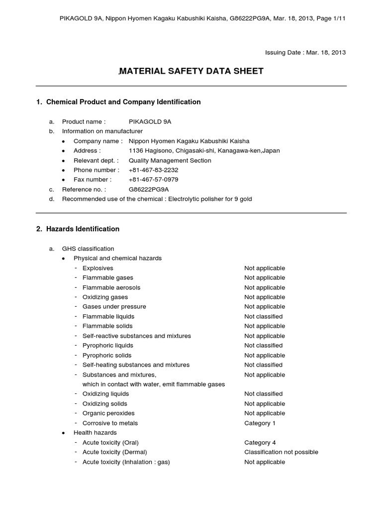 Material Safety Data Sheet: 1. Chemical Product and Company ...