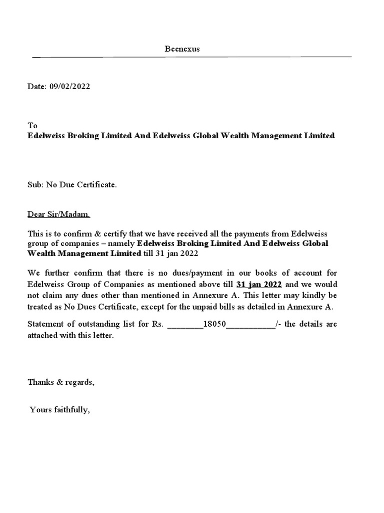 No Due Certificate Format 28th February 2022 PDF