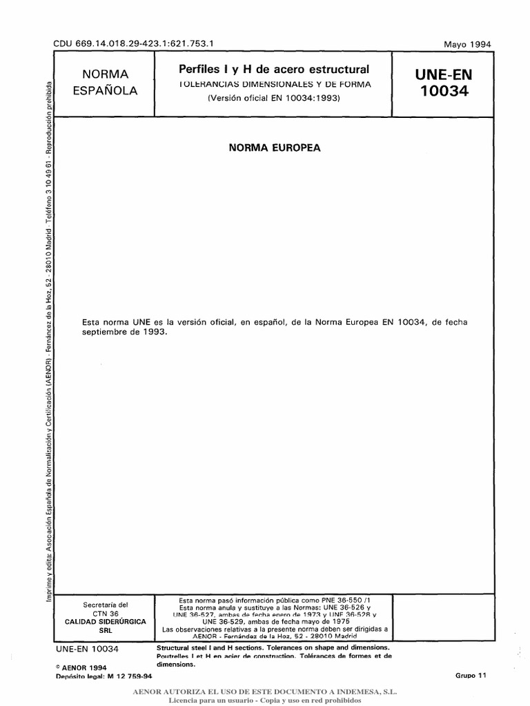 Une en 10034 1994 Perfiles I y H de Acero Estructural Tolerancias ...