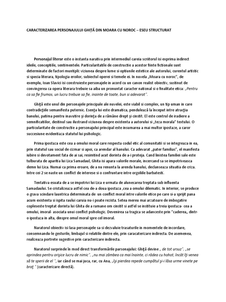 Caracterizarea Lui Ghita Din Moara Cu Noroc Caracterizarea Personajului Ghita Din Moara Cu Noroc - Eseu Structurat