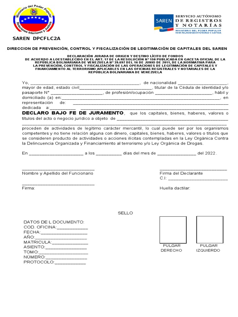 Declaración Jurada de Origen Lícito de Fondos | PDF