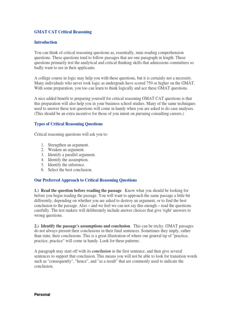 GMAT CAT Critical Reasoning Guide | PDF | Argument | Logical Consequence