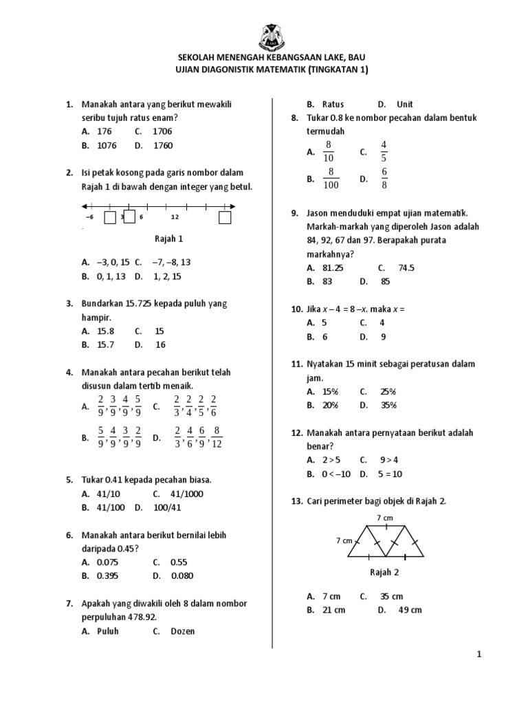 Mathematics F1 Diagnostic Test Pdf